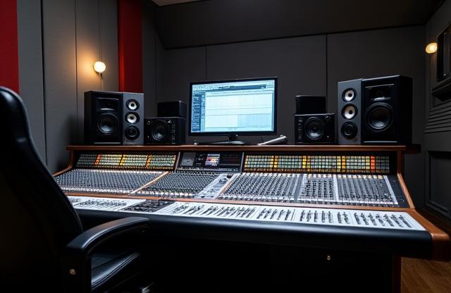 Vista interna do Estúdio Som & Imagem, mostrando um console de áudio profissional com vários canais e monitores de referência.