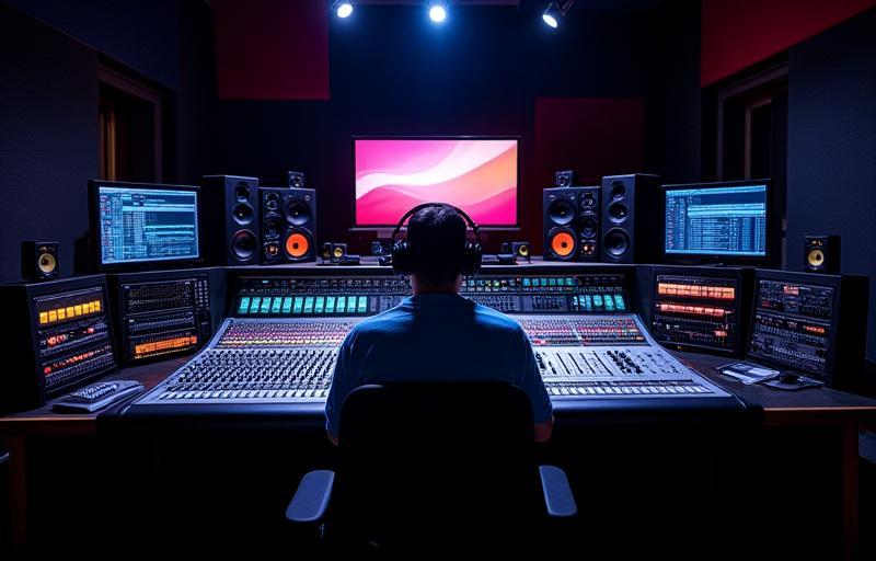 Vista da Sala de Controle, focando na mesa de mixagem e equipamentos periféricos