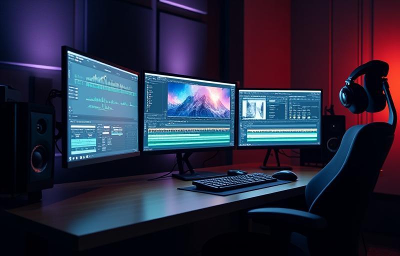 Vista de uma suite de edição com múltiplos monitores calibrados para trabalho profissional