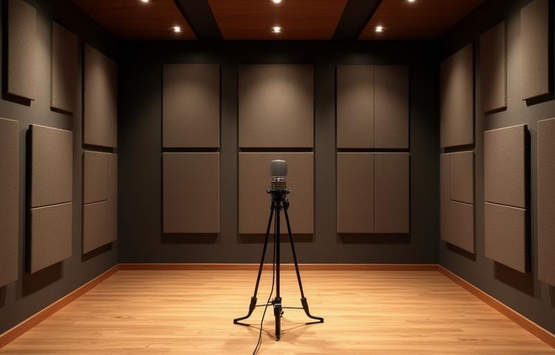 Interior detalhado da Sala de Gravação A, com painéis acústicos e microfones