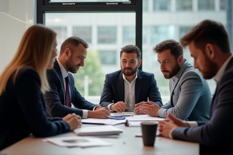 Pessoas discutindo ideias e planos em uma sala de reunião