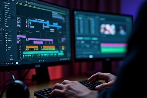 Pessoa trabalhando em software de edição de áudio com múltiplas trilhas