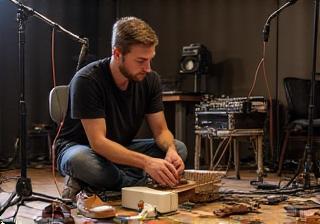 Artista de Foley criando efeitos sonoros com objetos diversos