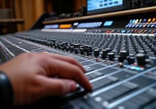 Mesa de mixagem de áudio com vários faders e botões