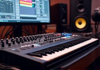 Equipamentos de produção musical, incluindo teclado controlador e monitores de áudio
