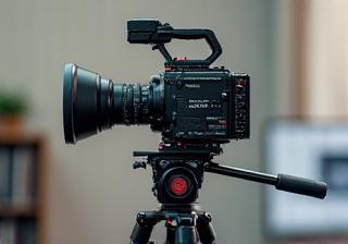 Câmera de vídeo profissional em um tripé pronta para gravação