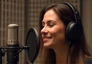Ator de voz gravando em frente a um microfone em estúdio